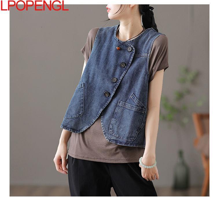 Women's Vests Women Fashion Vest All-match Solid Color O-neck Single Breasted Denim Vest Autumn Loose Comfortable Female Waistcoats 230322