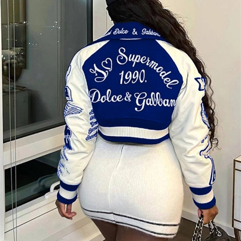 Women s Jackets Fashion Letter Print Patchwork Single Breasted Bomber Casual Spring Long Sleeve Short Coat Outerwear Varsity Jacket 230321