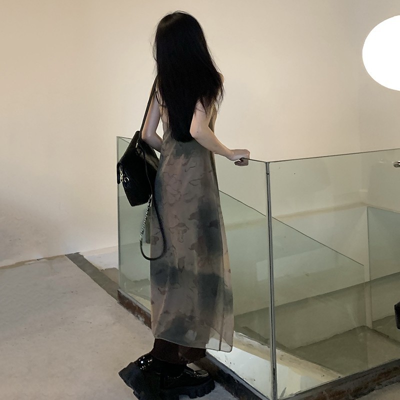 Party Dresses Karrcat Vintage Tie Dye Print Mesh Dress Grunge Gothic Spaghetti Strap Midi Dress Korean Style Party Dress Fairycore Vestidos 230322