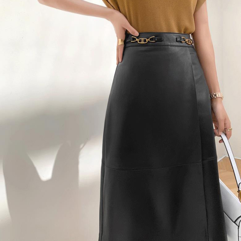 Skirts Leather Skirt for Women Autumn Winter Genuine Sheepskin High Waist Slim A-line Maxi Skirt Elegant Chic Faldas Largas Mujer 230322