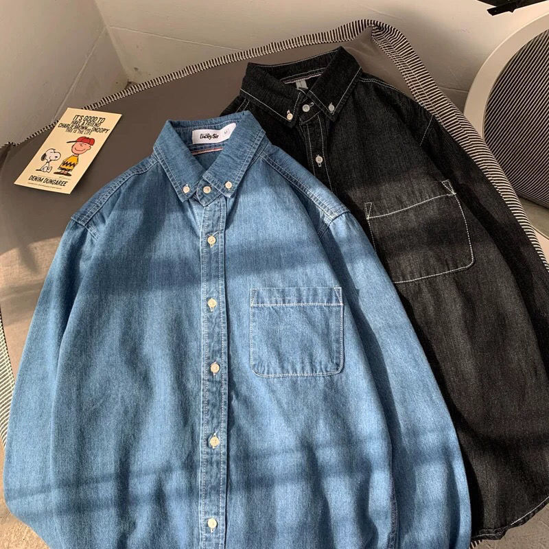 Men's Casual Shirts Cashmere Thickened Denim Shirt Men's Long Sleeve Autumn and Winter Korean Fashion Inch Shirt Men's Shirt Coat 23032