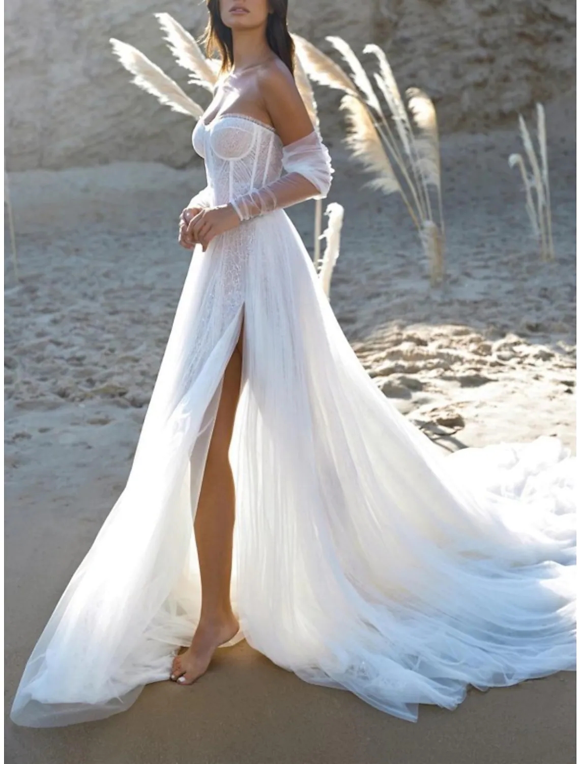 Beach Sexy Wedding Dress 2023 A-Line Strapless Pleats Split Front Tulle Bridal Gowns Women Summer Robe de Mariage