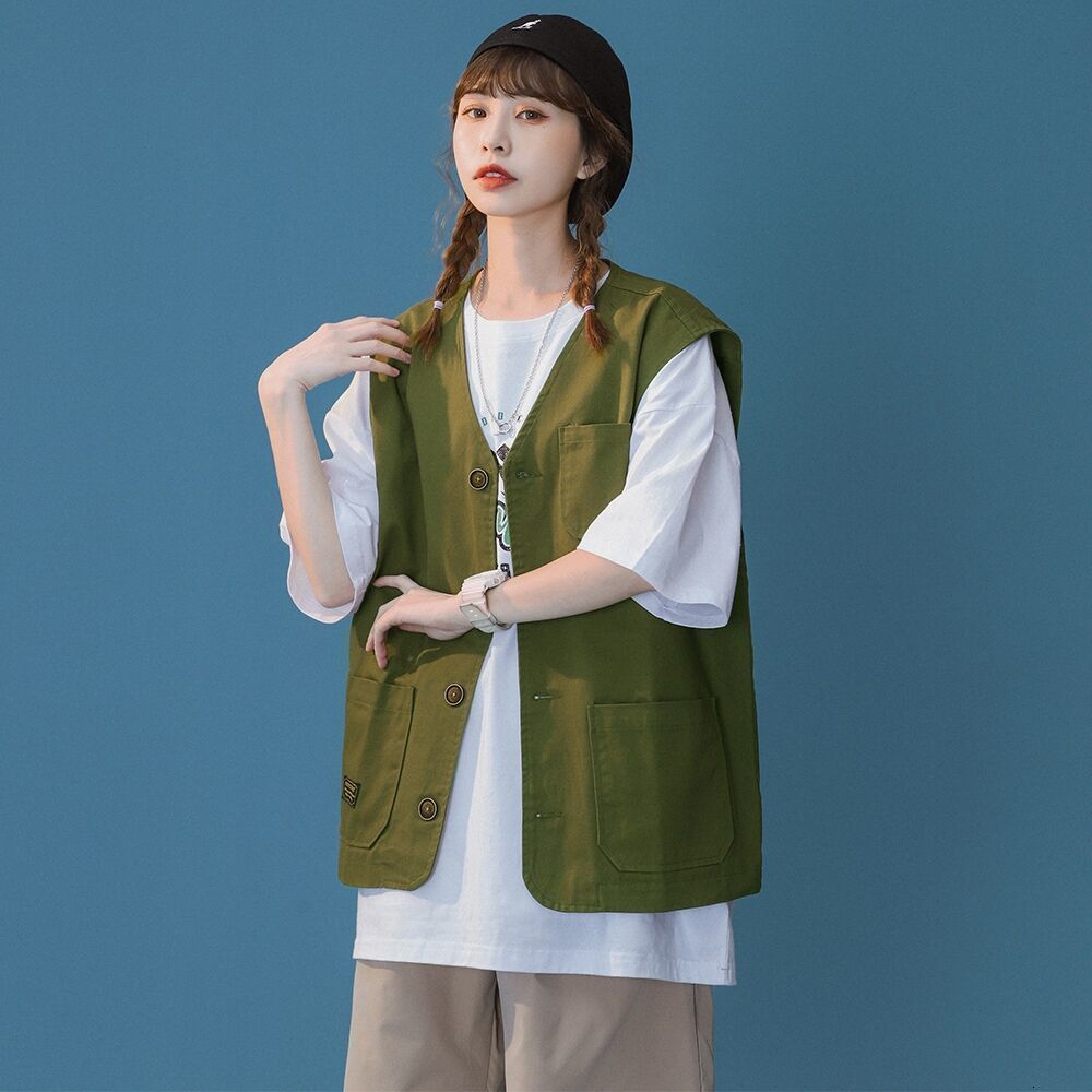 Women's Vests Vests Women Solid Loose All-match Button-up Coats Pockets Safari Style Vintage V-neck Waistcoats Tooling Stylish Outwear Unisex 230