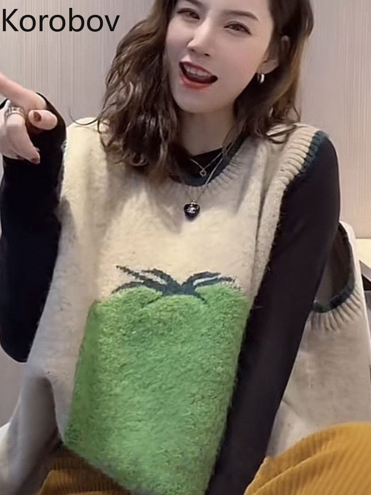Women's Vests Korobov Korean Fashion Knitted Vest Autumn Loose Age Reduction Splicing Flowers Pull Femme Sweater Sweet Chaleco Mujer 230322