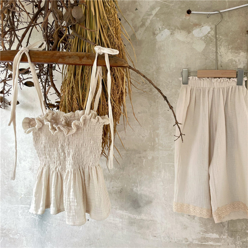Clothing Sets Korean Children Kids Set Girls Summer Organic Cotton Tie Tank Sling Smocked Top Lace Wide Leg Pants Trousers Outfits 230322