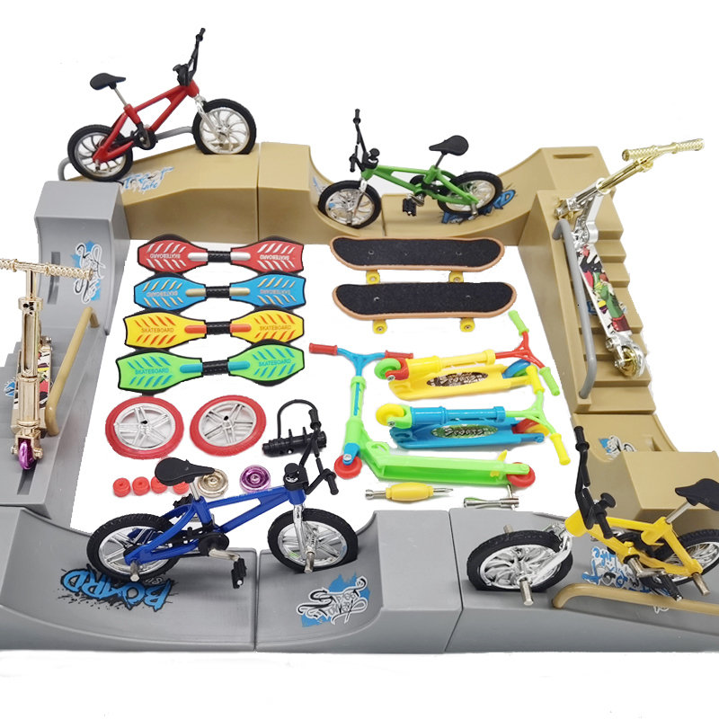 Novelty Games Tech Fingerboard Skate Ramp Parts Set skateboarding Finger BMX bicycle Two Wheel Mini Scooter Fingertip Bikes Toys Kids Gifts 230322