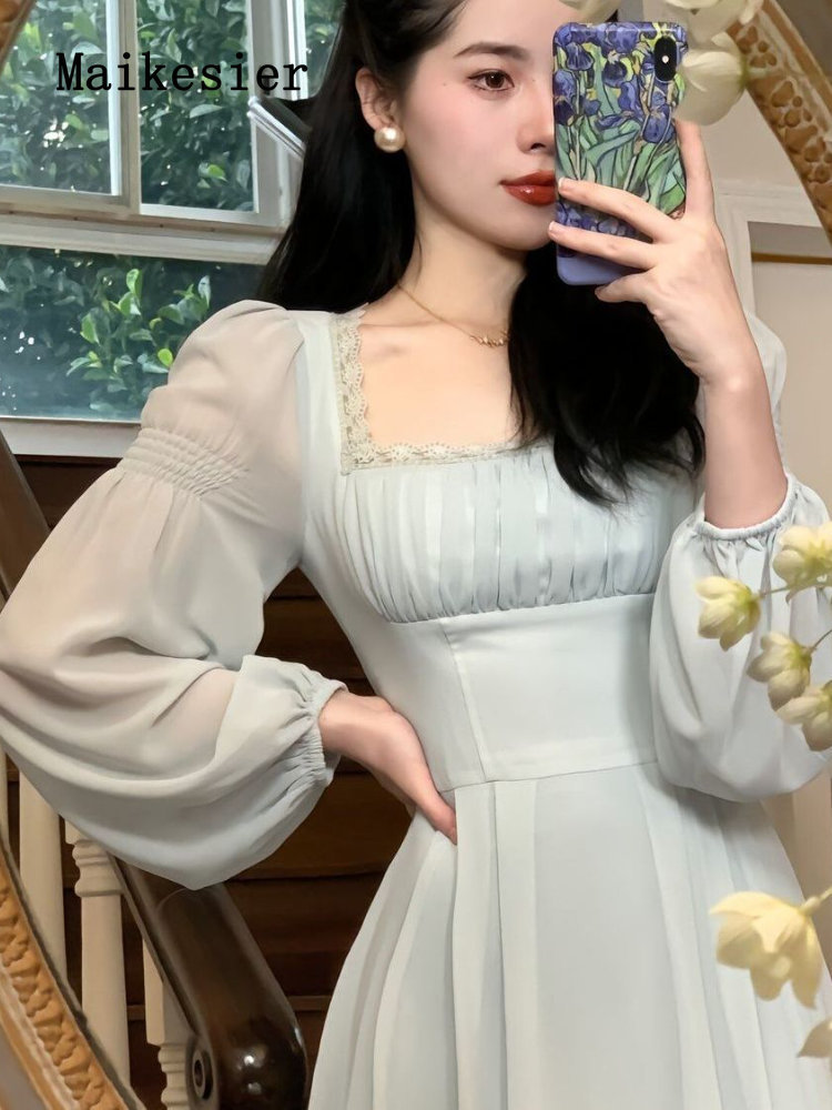 Party Dresses Spring Summer Bubble Sleeve Square Neck French Fashion Long Dresses for Women Chic and Elegant Woman Dress Woman Clothing 230322