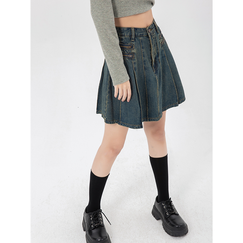 Skirts Women's Vintage Blue Denim Half Body Skirt Zipper Pleated High Waist Casual Fashion Baggy A-Line Jean Short Skirt Ladies Summer 230322