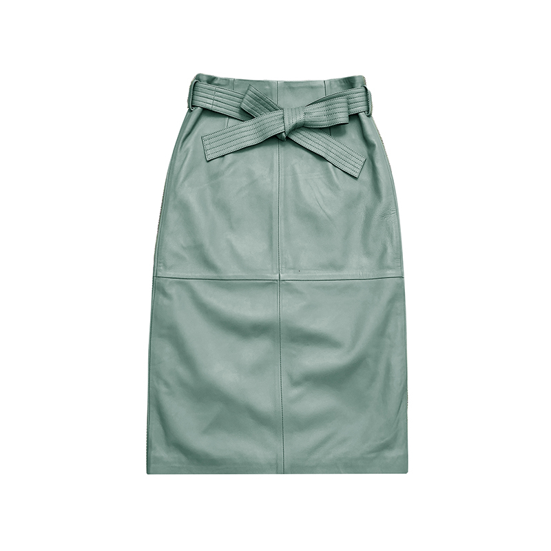 Skirts Spring Women Genuine Leather OL Knee Length Skirt Female Elegant Slim Wrap Jupe With Belt Mujer Pink Custom Big Size Faldas 230322