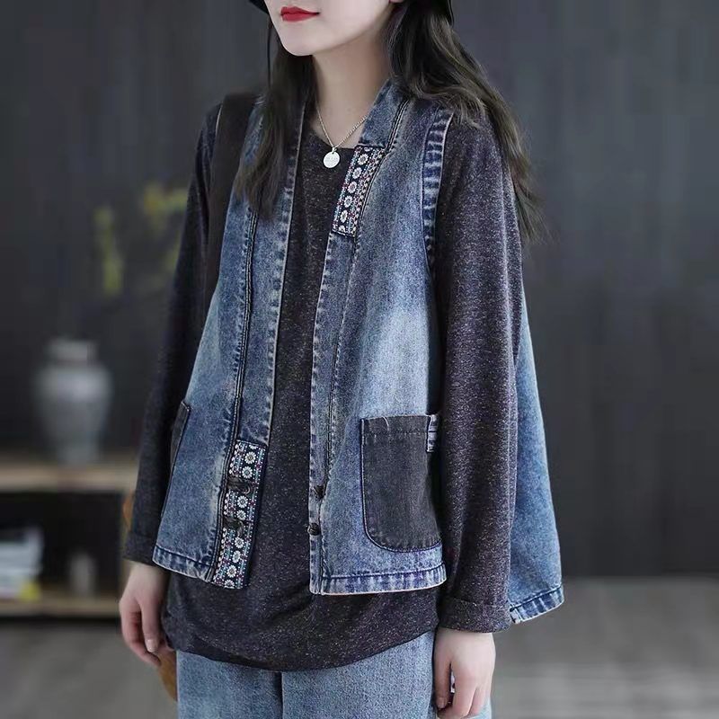 Women's Vests Women's Korean Coat Retro Denim Vest Short Plus Size Loose Fashion Chinese Style Embroidered Spring and Summer Thin Cardigan 2