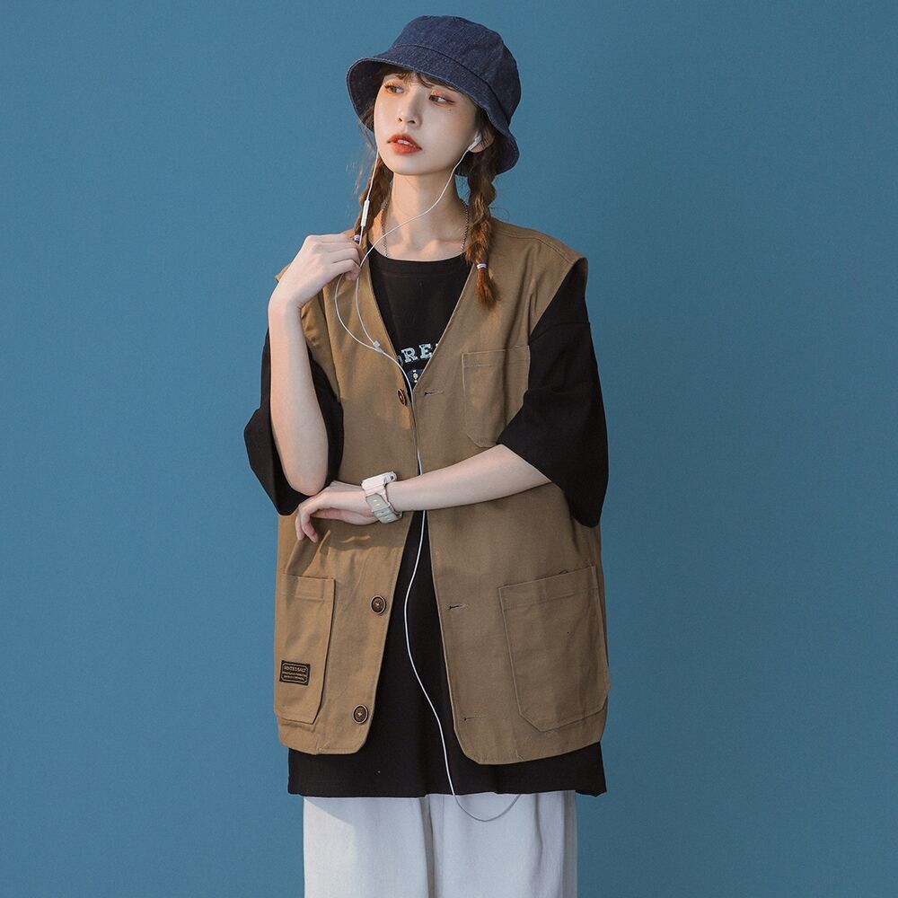 Women's Vests Vests Women Solid Loose All-match Button-up Coats Pockets Safari Style Vintage V-neck Waistcoats Tooling Stylish Outwear Unisex 230