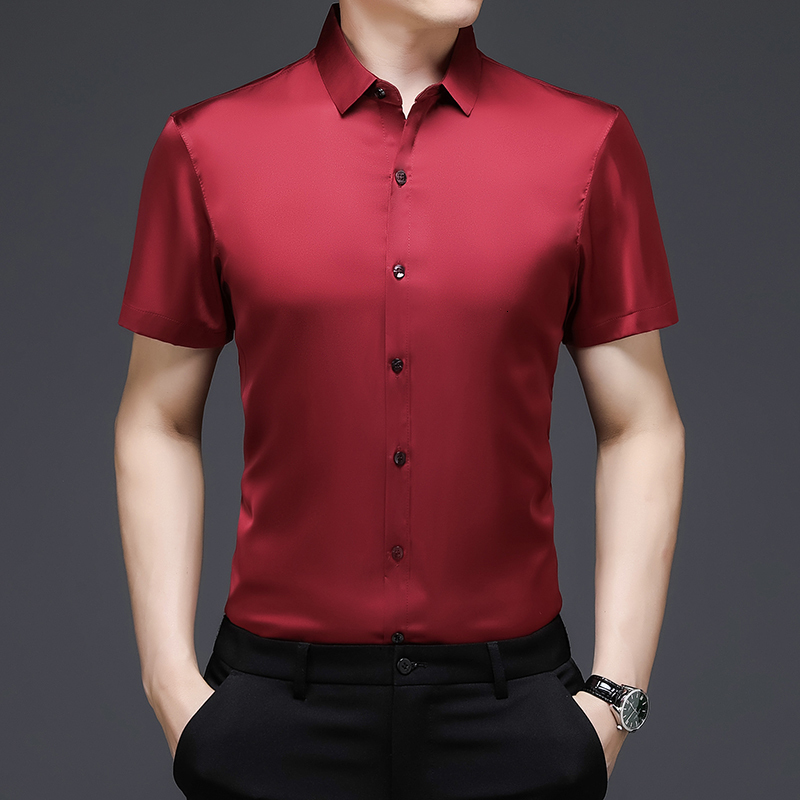 Men's Casual Shirts Men Silk Dress Shirt Summer Office Male Poplin Clothes Short Sleeve Male Causal Solid Color Silk Shirts 230322