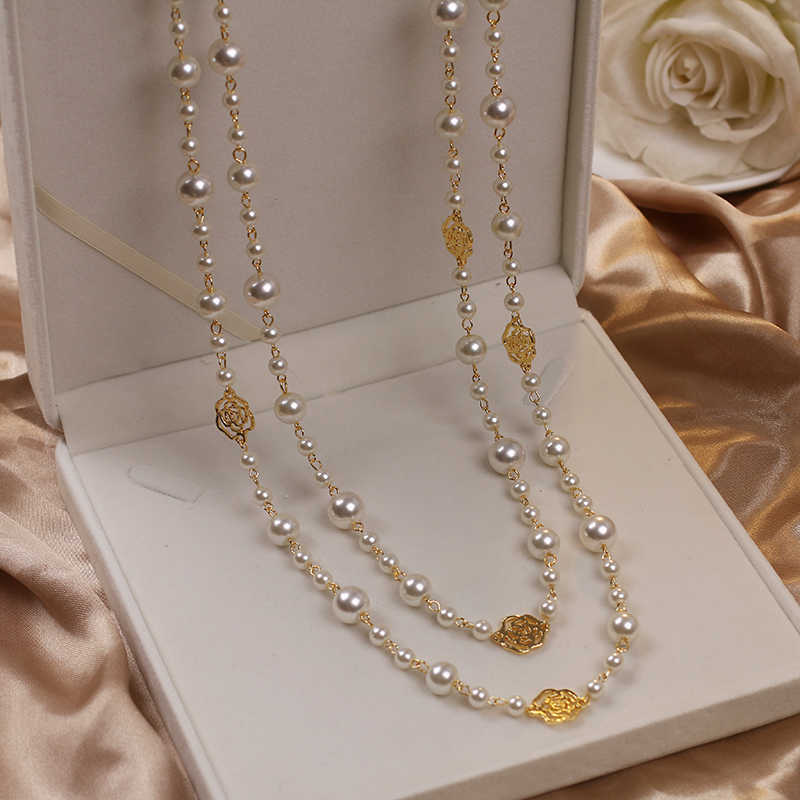 Designer Long Camellia Pearl Double Layer Rose Flower Sweater Chain Necklace for Women Maxi Pendant Collane Fashion Jewelry Gift High Quality Textured