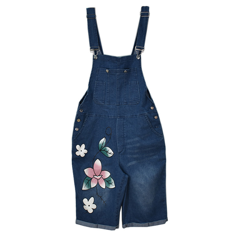Summer Denim Short Denim Jumpsuits Women Casual Floral Print Spaghetti Strap Playsuit Female Pockets Vintage Jeans Shorts Ladies
