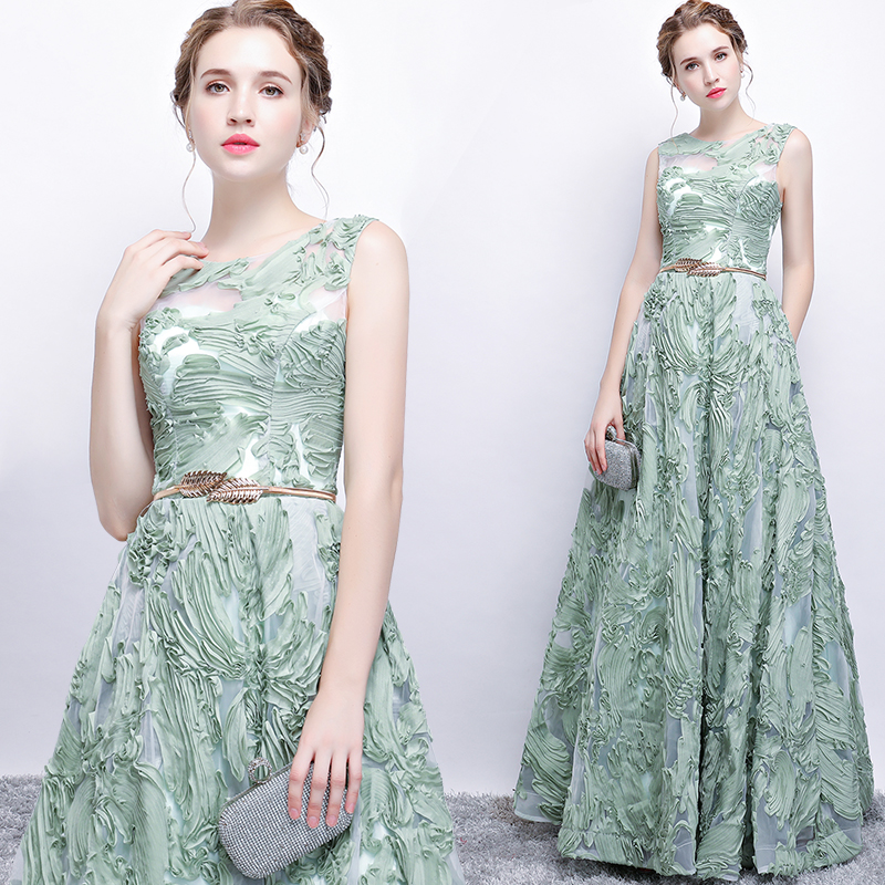Fancy Sage Evening Dress Sleeveless Zipper Back Floor Length Prom Formal Dresses