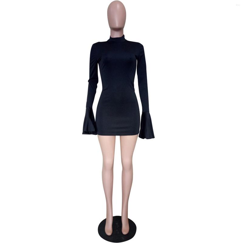 Casual Dresses Women Fashion Pure Color Mock Neck Minidress Ladies Flared Long Sleeve Skinny Dress For Club Party