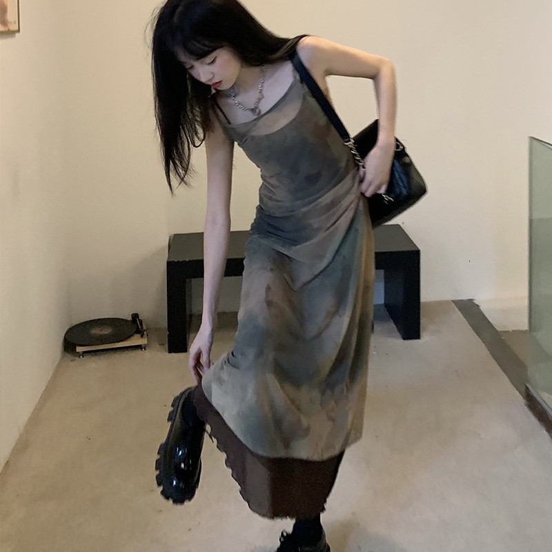 Party Dresses Karrcat Vintage Tie Dye Print Mesh Dress Grunge Gothic Spaghetti Strap Midi Dress Korean Style Party Dress Fairycore Vestidos 230322