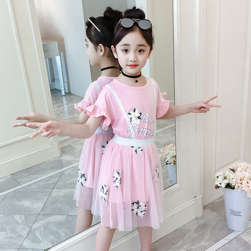 Clothing Sets girls clothes summer short sleeve tshirt letter printfloral embroidery mesh skrit children clothing set kid girl outfits 230322