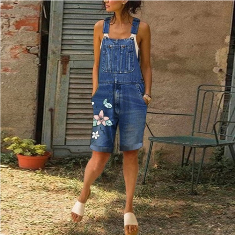 Summer Denim Short Denim Jumpsuits Women Casual Floral Print Spaghetti Strap Playsuit Female Pockets Vintage Jeans Shorts Ladies
