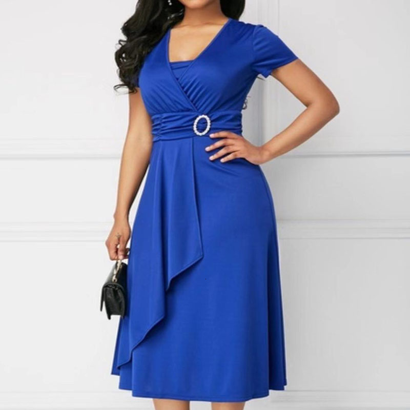 Party Dresses Bright Colour V-Neck Diamond Inlaid Metal Belt Buckle Decorate Silky Material Mid-calf Ladies Dresses Irregular Ruffles Solid 230322