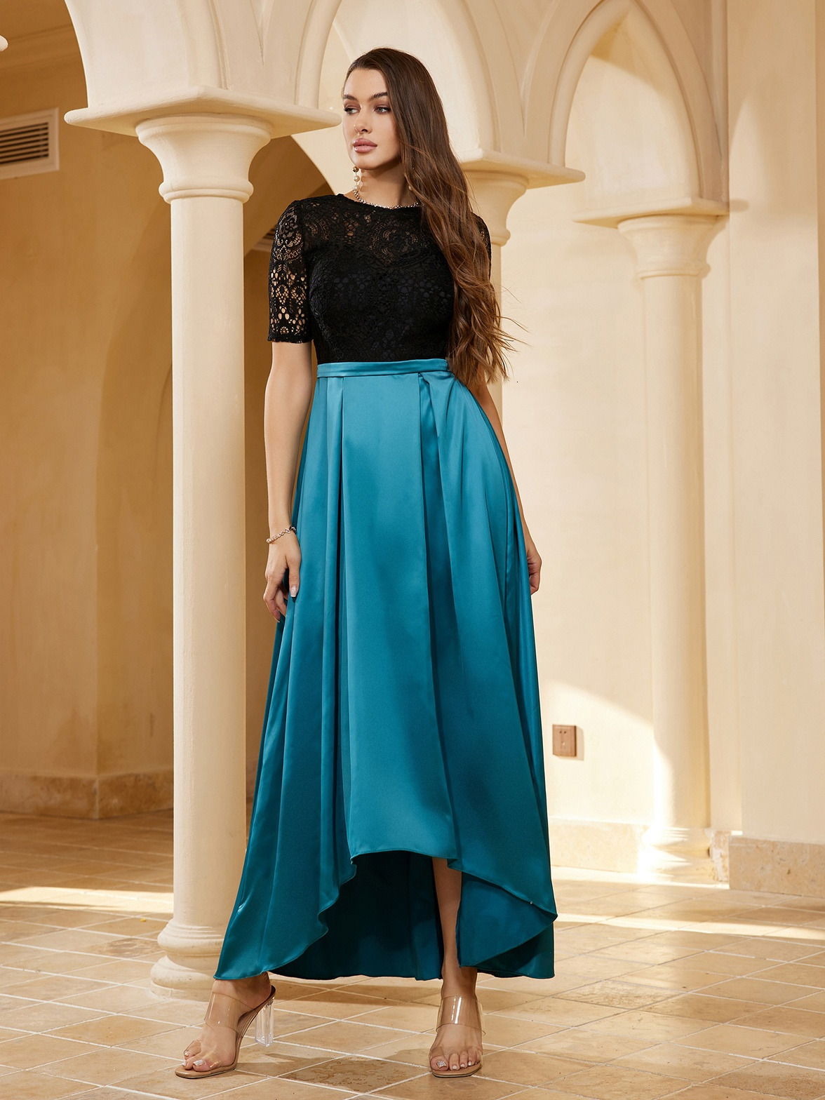 Party Dresses Blue Lace Stitching Cocktail Dresses for Women Sexy Hollow Out Evening Party Prom Gown Elegant Modest Tea Length A Line 230322