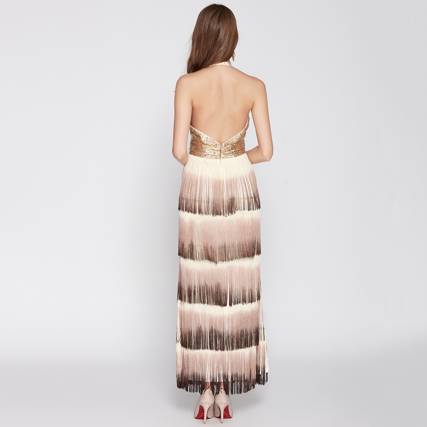 Party Dresses Summer Dress Deep V Sequin Backless Gradient Tassel Sexy Long Evening Dress Annual Ball Party Dress 230322