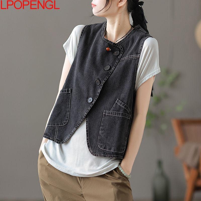 Women's Vests Women Fashion Vest All-match Solid Color O-neck Single Breasted Denim Vest Autumn Loose Comfortable Female Waistcoats 230322