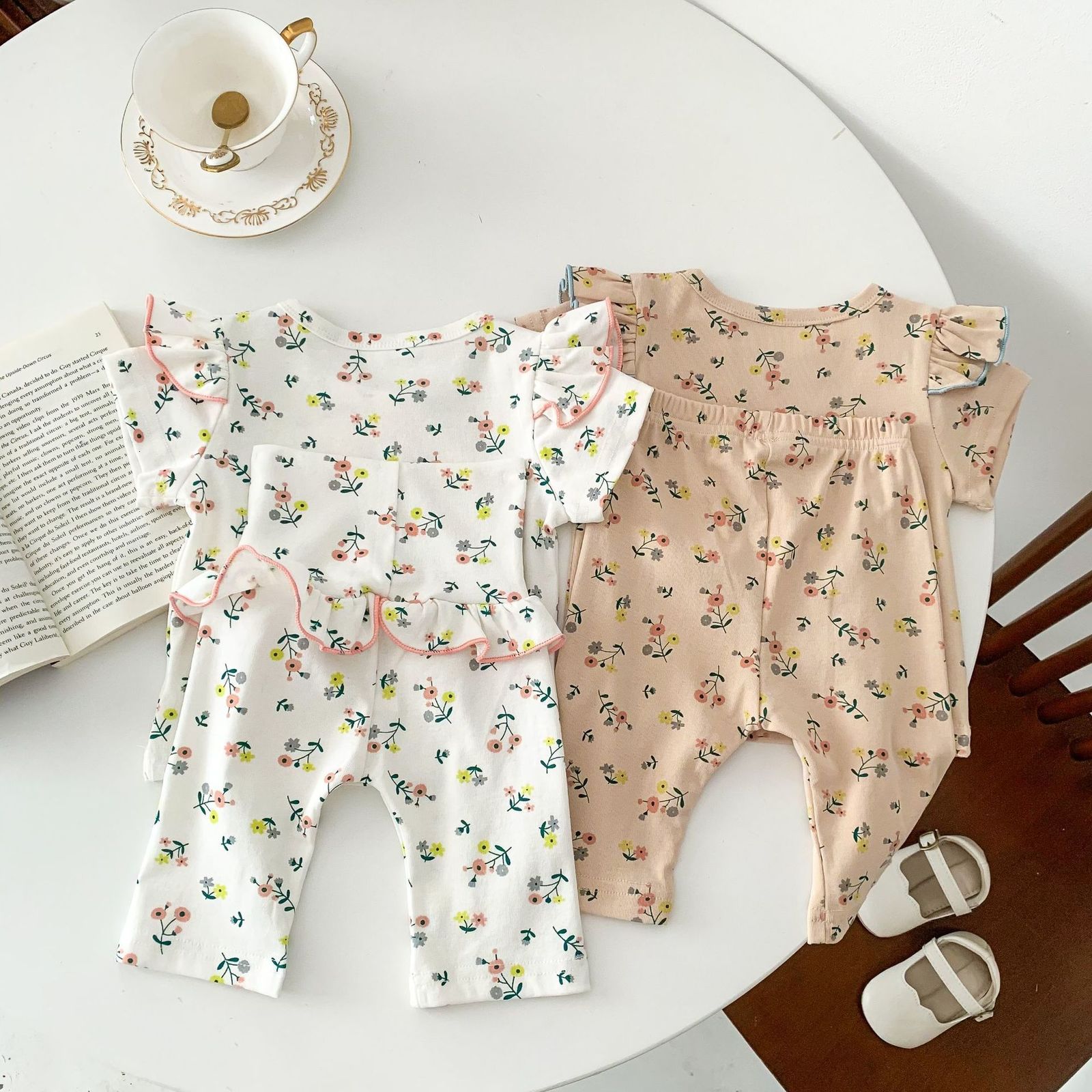 Clothing Sets Summer Baby Clothes Set Floral Girls Two Pieces Pajama Set Ruffle Girls Sleep Wear 230322