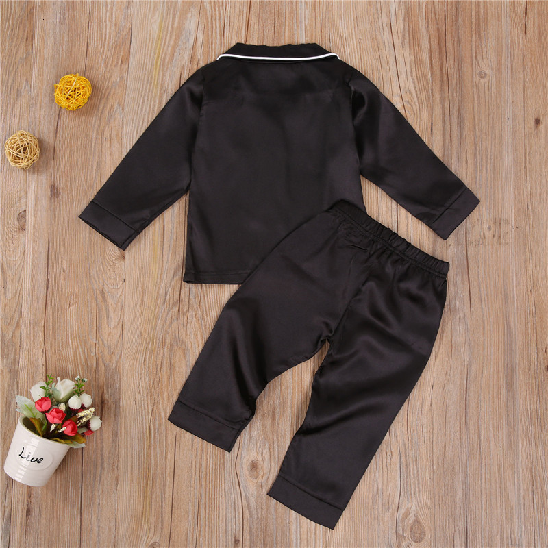 Pajamas Baby Boy Black Satin Silk Pajama Sets Sleepwear Long Sleeve Top Pants 17Y Toddler Kids Children Summer Fall Casual Nightshirt 230322