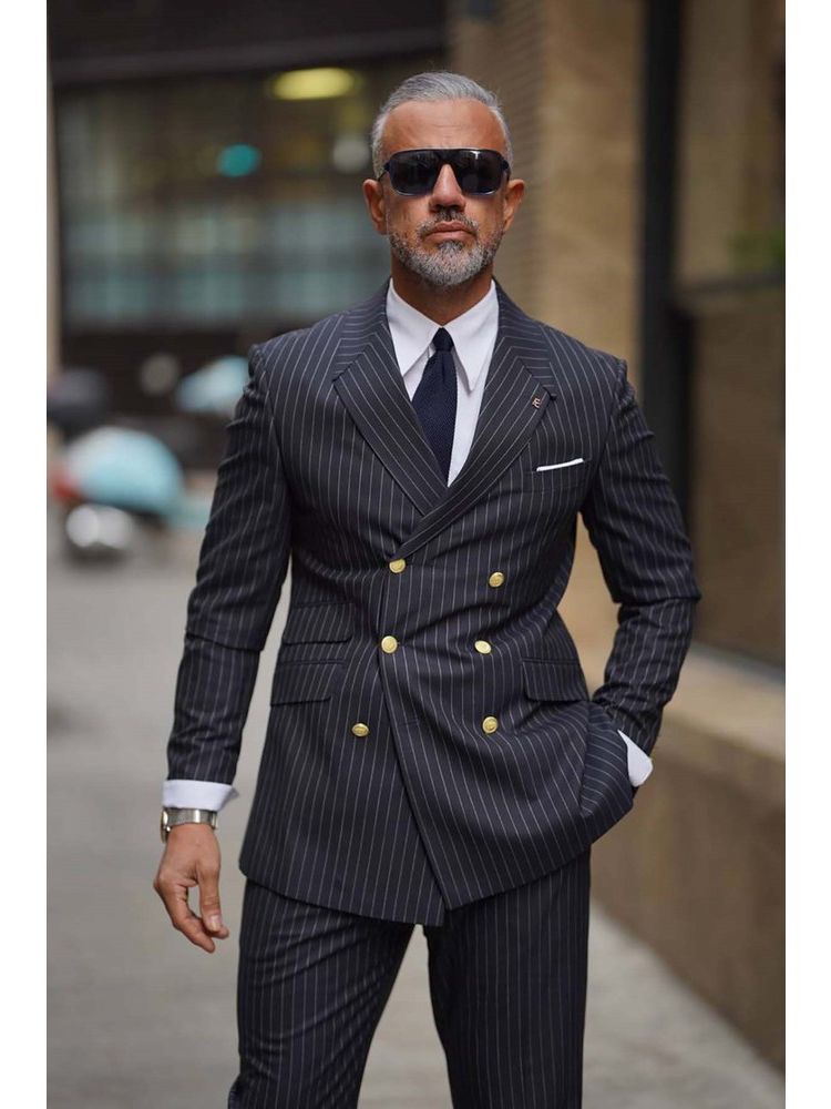 Navy Blue Men Wedding Tuxedos Peaked Lapel Double Breasted Mens Outfits Business Formal Party Wear Jacket Pants Suits 2 Pieces