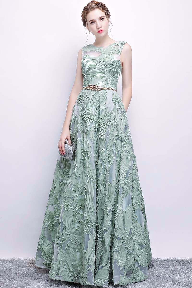 Fancy Sage Evening Dress Sleeveless Zipper Back Floor Length Prom Formal Dresses