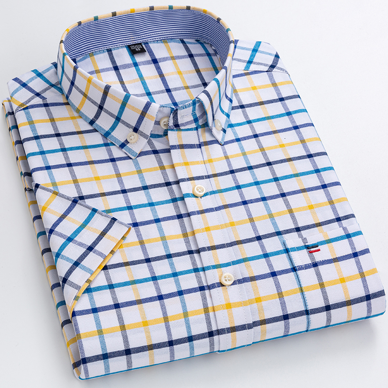 Men's Casual Shirts Plus Size 7XL 6XL Men's Summer Shirts Oxford Vertical Stripes Short Sleeve Standard-fit Loose Plaid Solid Soft Cotton Ma