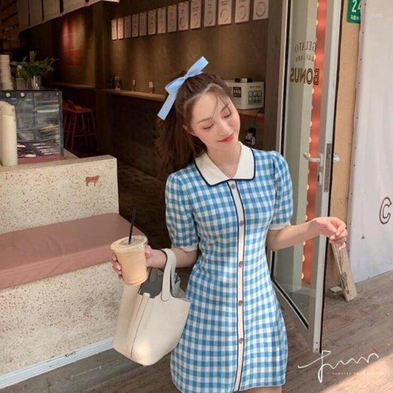 Casual Dresses Plaid Girl Short Sleeved Doll Collar Elegance Summer Korean Students A-line Mini School Female