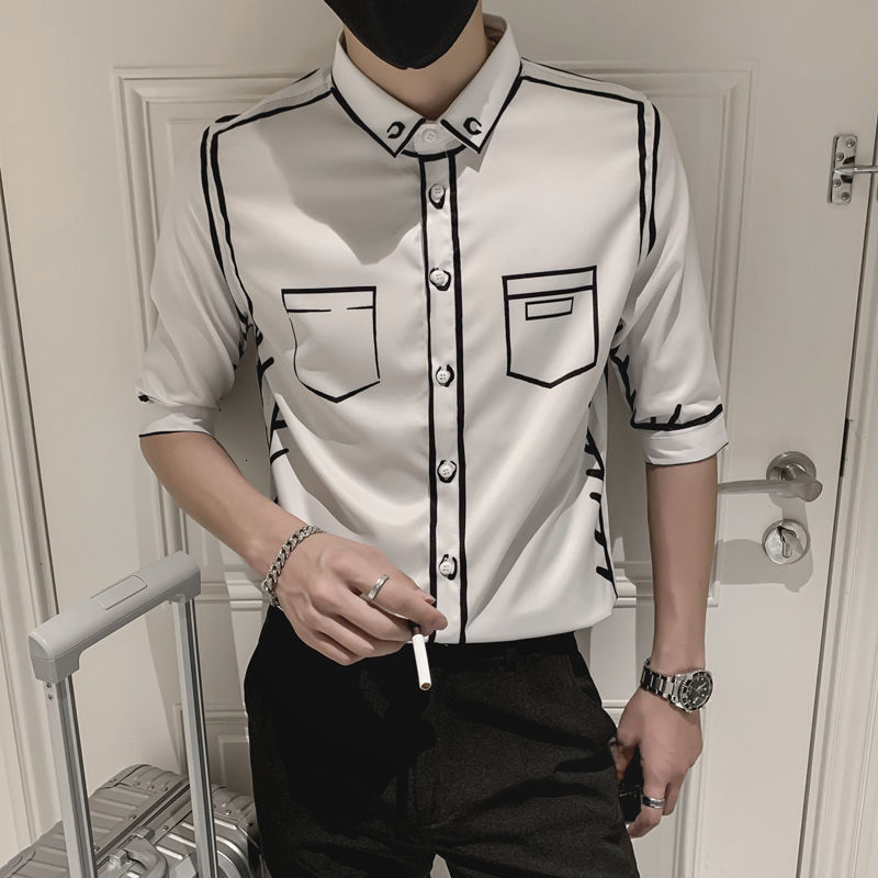 Men's Casual Shirts Fashion Graffiti Slim Fit Shirts Summer Men Half Sleeve Dress Streetwear / Fashion Striped Print Men Shirt Social Clothes 230