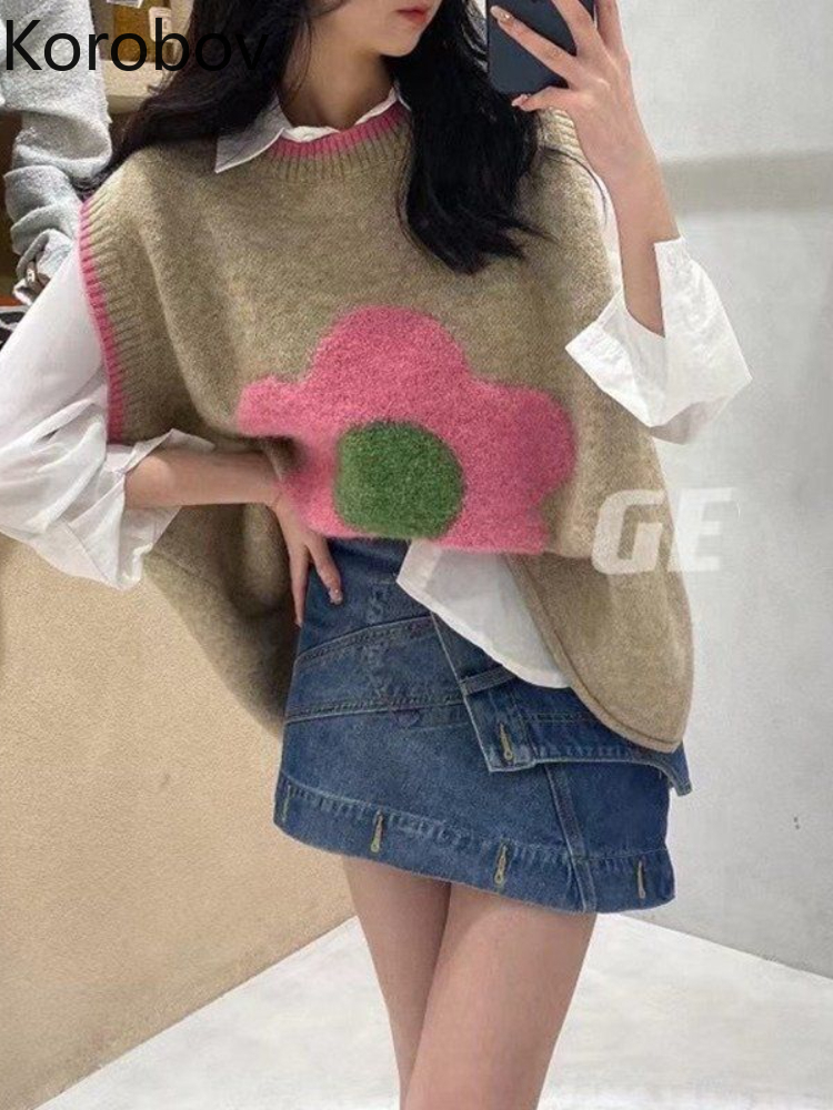 Women's Vests Korobov Korean Fashion Knitted Vest Autumn Loose Age Reduction Splicing Flowers Pull Femme Sweater Sweet Chaleco Mujer 230322