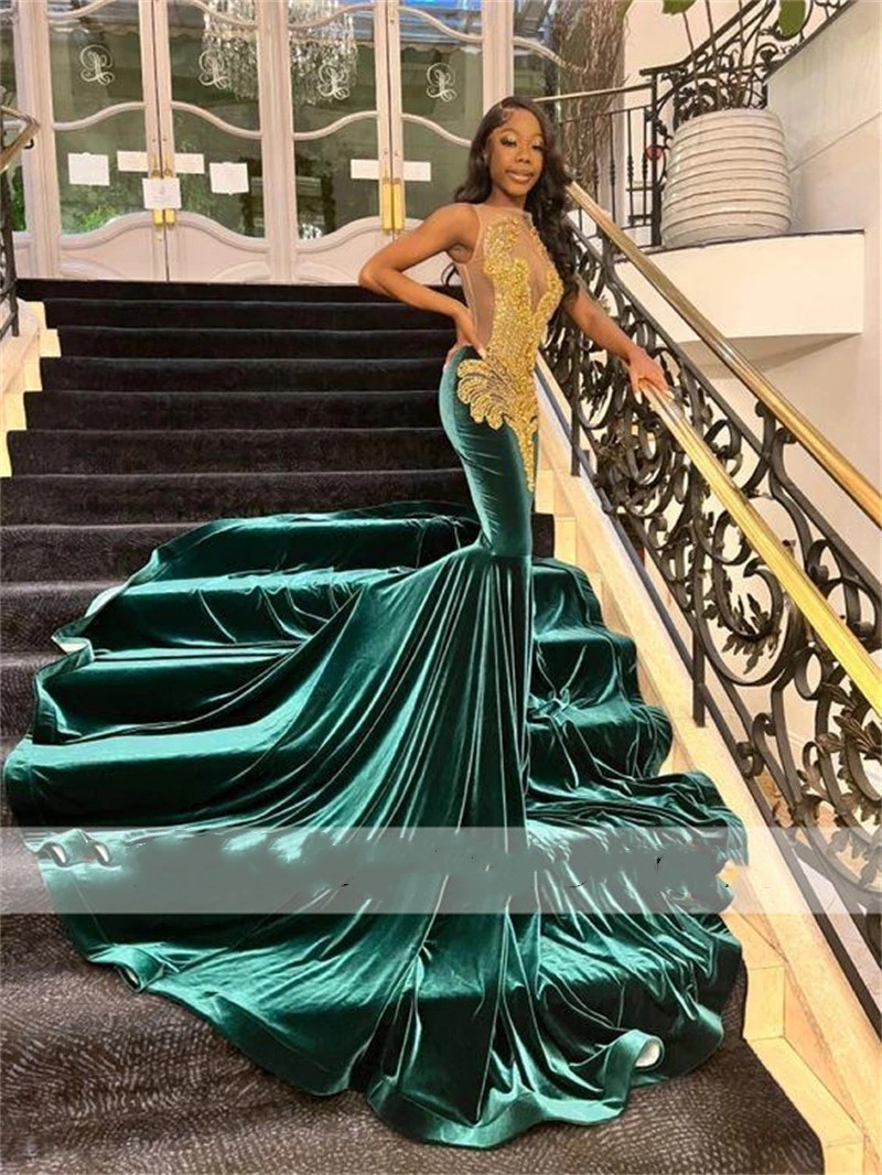 Sexy Hunter Green Veet Mermaid Prom Dresses Sheer Neck Gold Beaded Plus Size Formal Evening Ocn For Arabic Women 322