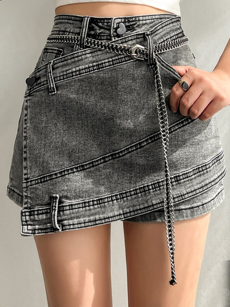 Skirts Fashion Women's Denim Skirt High Waist Irregular Chain Spliced Gray Above Knee Skirts Female Summer 17A1443 230322