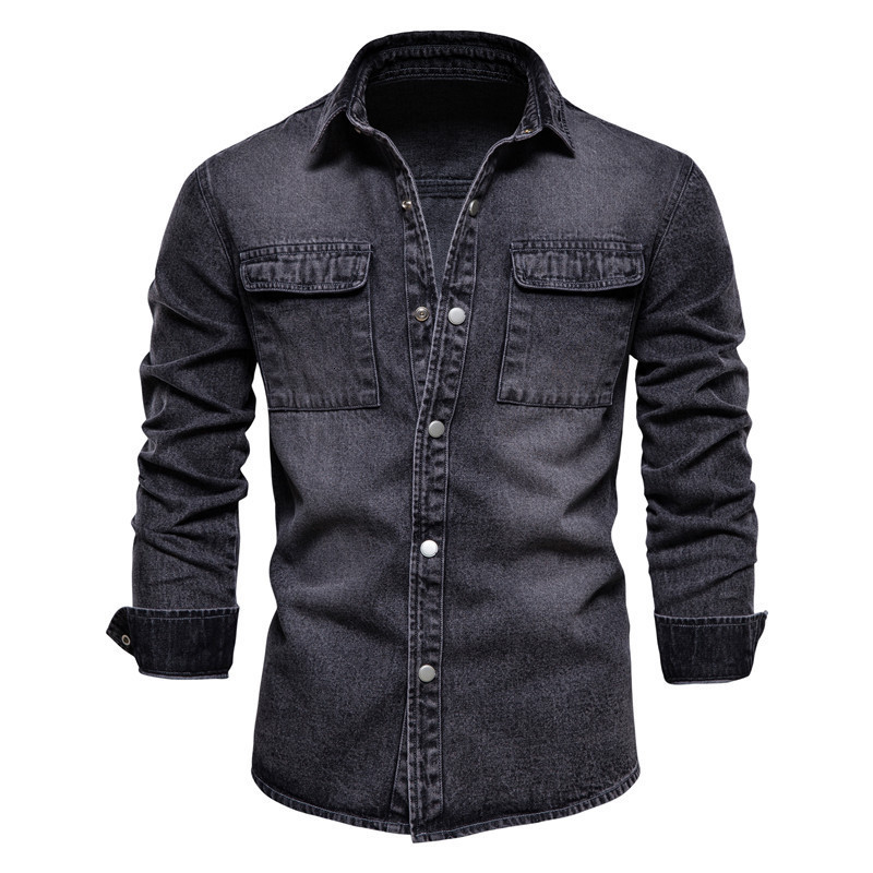 Men's Casual Shirts Spring Autumn High Quality Denim Shirt Men Casual Long Sleeve Fit Lapel Personality Pocket Black Blue washed Shirt plus size 