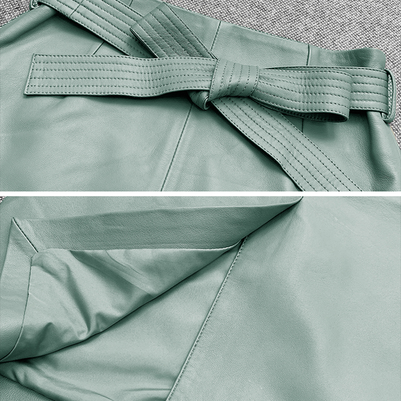 Skirts Spring Women Genuine Leather OL Knee Length Skirt Female Elegant Slim Wrap Jupe With Belt Mujer Pink Custom Big Size Faldas 230322