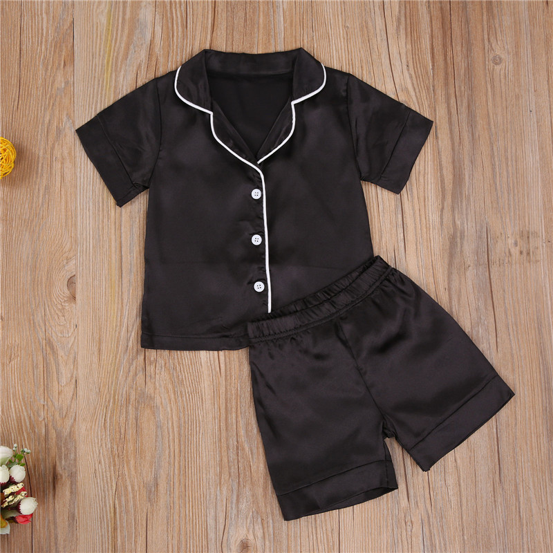 Pajamas Baby Boy Black Satin Silk Pajama Sets Sleepwear Long Sleeve Top Pants 17Y Toddler Kids Children Summer Fall Casual Nightshirt 230322