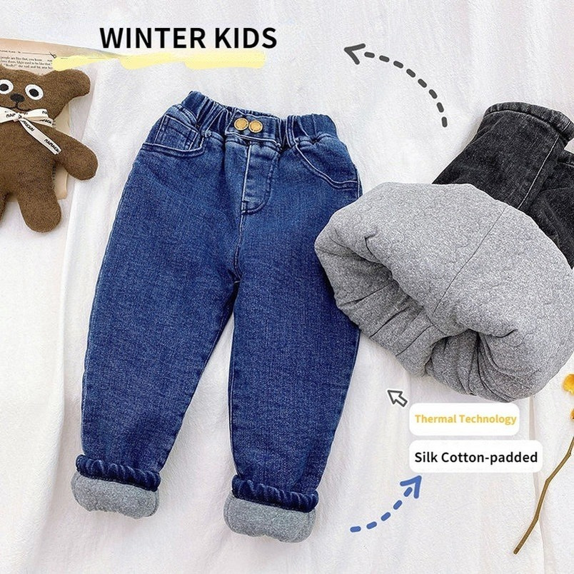Jeans Fashion boys' jeans casual denim blue black quilted children's pants children's boys' winter clothes cotton padded warm pant