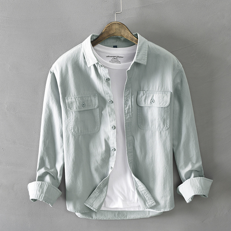 Men's Casual Shirts Z102 Men Simple Long Sleeves Shirts Spring Summer Cotton Pockets Single-Breasted Solid Color Turndown Collar Casual Male Coat