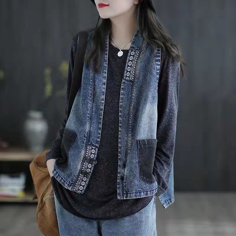 Women's Vests Women's Korean Coat Retro Denim Vest Short Plus Size Loose Fashion Chinese Style Embroidered Spring and Summer Thin Cardigan 2