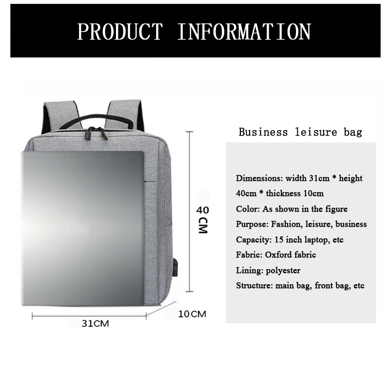 USB Charging Large Capacity Multifunctional Waterproof Backpack for Laptop or Leisure Travel Business Gray Black