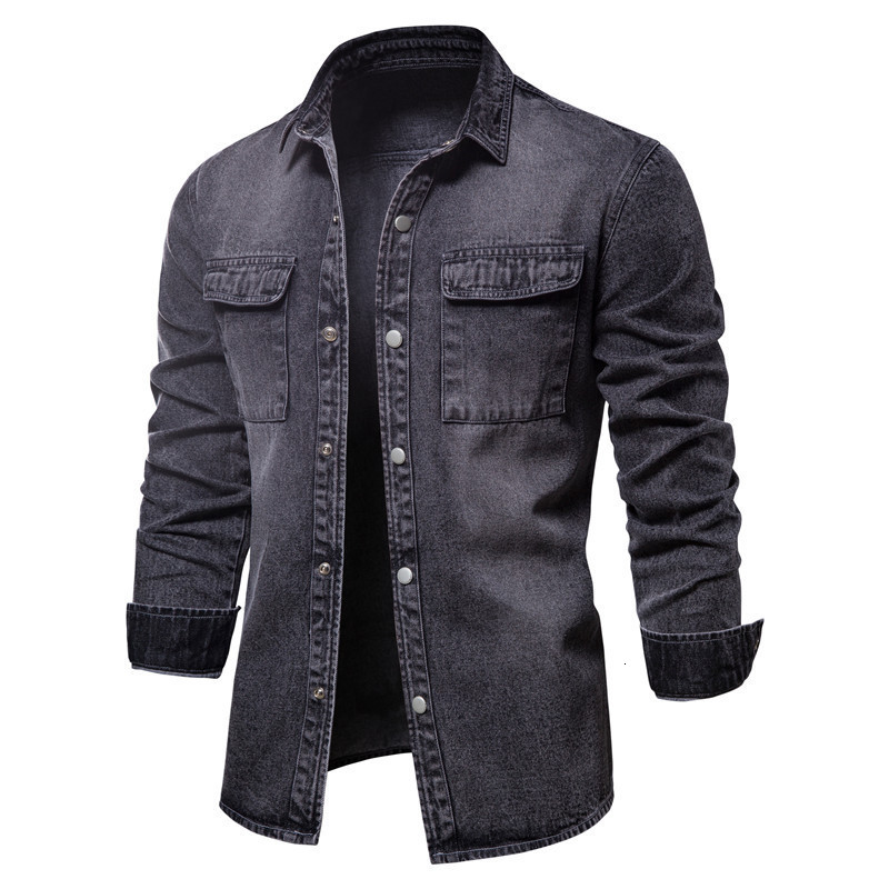 Men's Casual Shirts Spring Autumn High Quality Denim Shirt Men Casual Long Sleeve Fit Lapel Personality Pocket Black Blue washed Shirt plus size 
