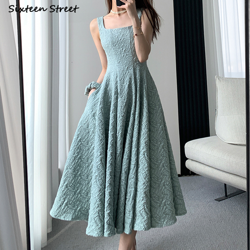 Party Dresses Green Jacquard Dress Ladies Summer Sleeveless Elegant Clothes Female A-line Square Neck Vestido Spaghetti Strapped Dresses 230322