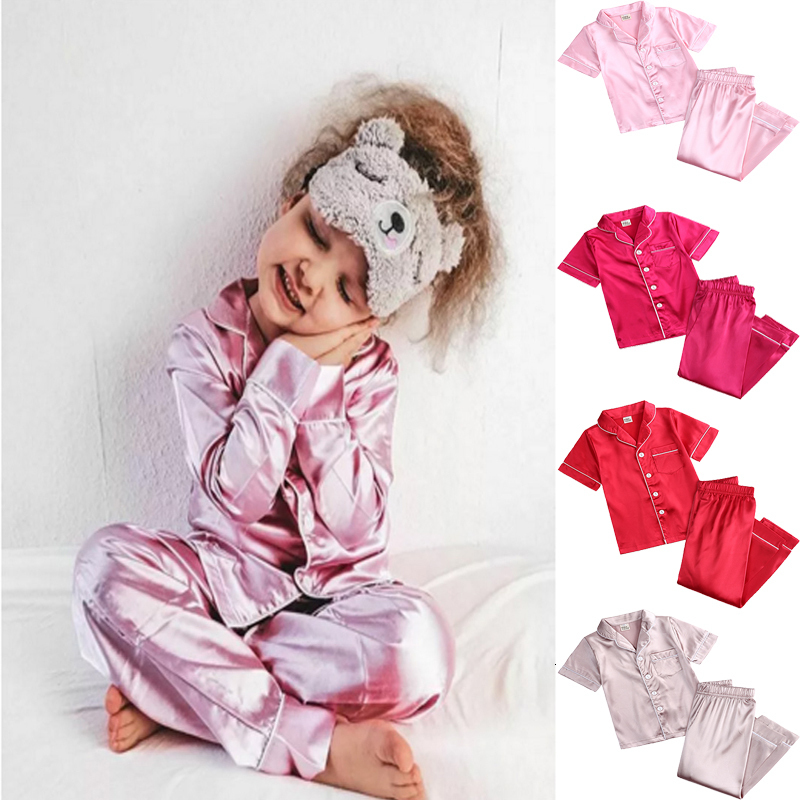 Pajamas Summer Pajama Sets for Girls Silk Satin TopPant Long sleeve Solid Silky Pyjamas Nightgown Children Sleepwear Boys Clothes 230322