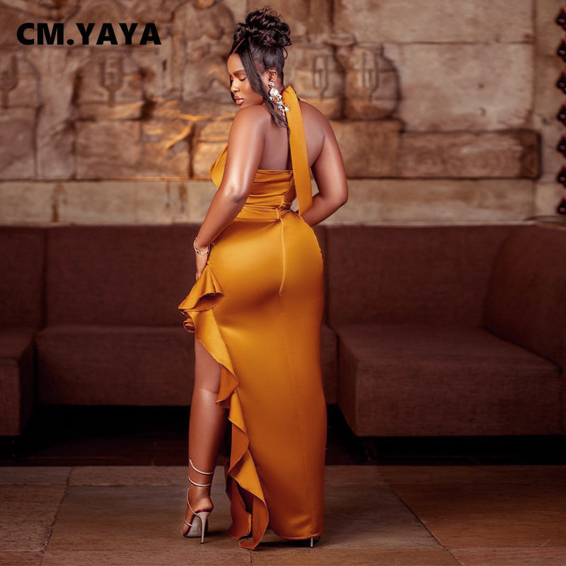 Party Dresses CM.YAYA Women Satin Stretch Halter Neck Sleeveless Backless Ruffles High Side Slit Maxi Long Dress Evening Sexy Party Dresses 230322