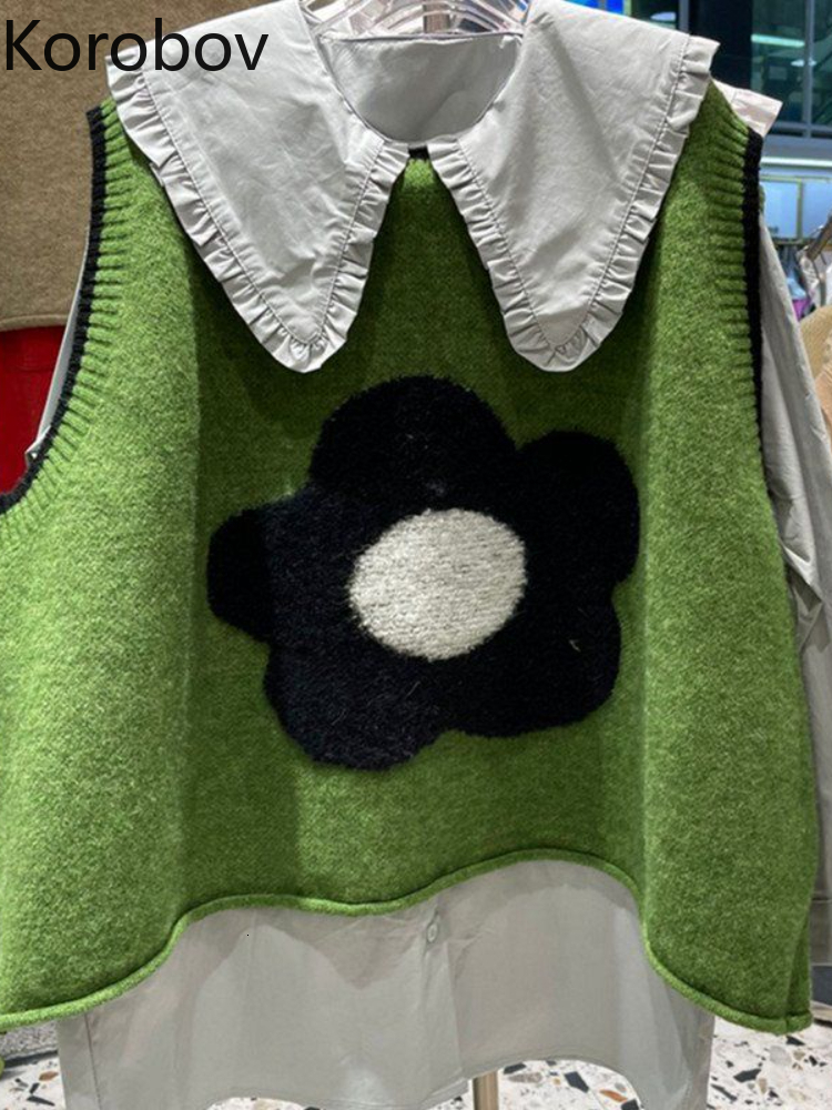 Women's Vests Korobov Korean Fashion Knitted Vest Autumn Loose Age Reduction Splicing Flowers Pull Femme Sweater Sweet Chaleco Mujer 230322