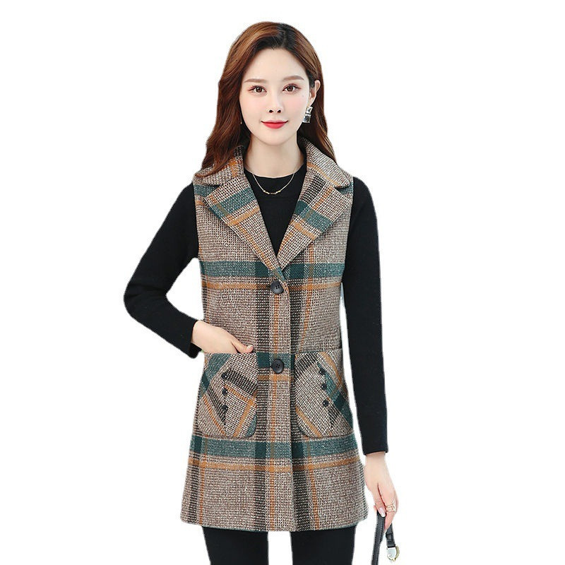 Women's Vests Autumn Winter Plaid Woolen Vest Jacket Women's Clothing Suit Collar Mid-Long Sleeveless Jacket Waistcoat Female Tops 230322